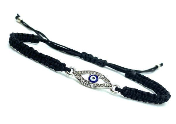 Adjustable Evil Eye Bracelet With Crystals - Almond Shape - Blue - 1 Pc