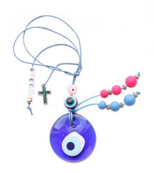 Hanging Evil Eye Charm With Greece & Cross Spelled In Beads - 1 pc