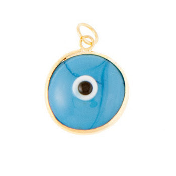 Eye Charm, 7/10'' (18mm), Glass with Metal - Transparent Turquoise With Gold Bezel - 1 pc