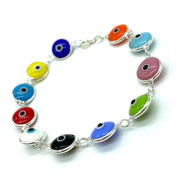 .925 Sterling Silver Evil Eye Bracelet - Opaque Colors - Multi-Color - 1 pc