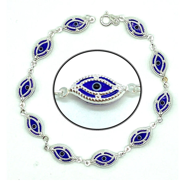 .925 Sterling Silver Evil Eye Charm Bracelet - Dark Blue - 1 pc