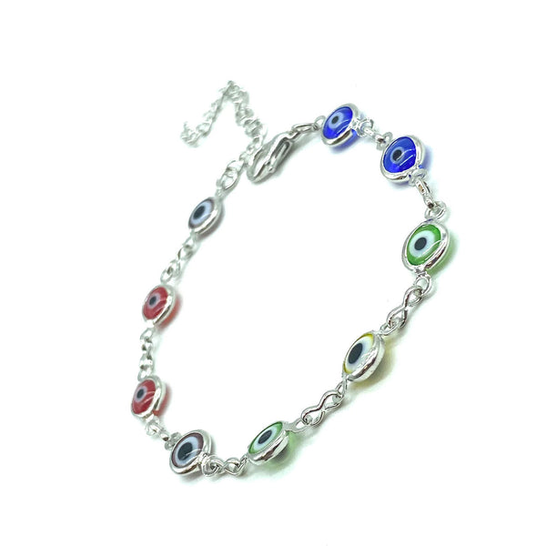 Silver Plated Evil Eye Charm Bracelet - Multi-Color - 1 pc