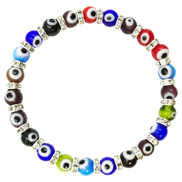 Stretch Evil Eye Small Beaded Bracelet With Zirconium Crystals - Multi Color - 1 Pc