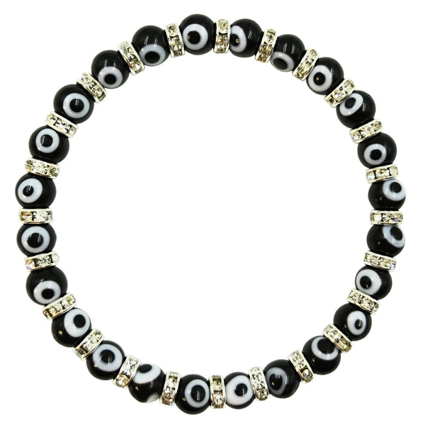 Stretch Evil Eye Small Beaded Bracelet With Zirconium Crystals - Black - 1 Pc