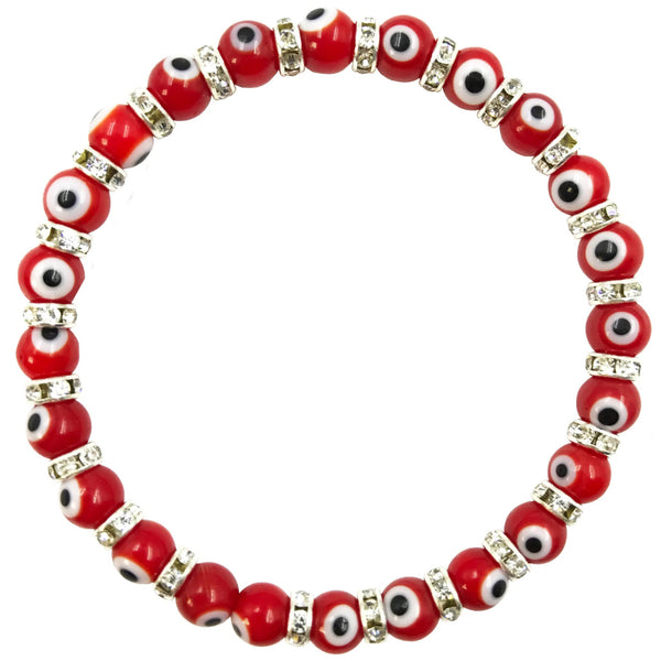 Stretch Evil Eye Small Beaded Bracelet With Zirconium Crystals - Red - 1 Pc