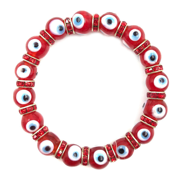 Stretch Evil Eye Large Beaded Bracelet With Zirconium Crystals - Red - 1 Pc