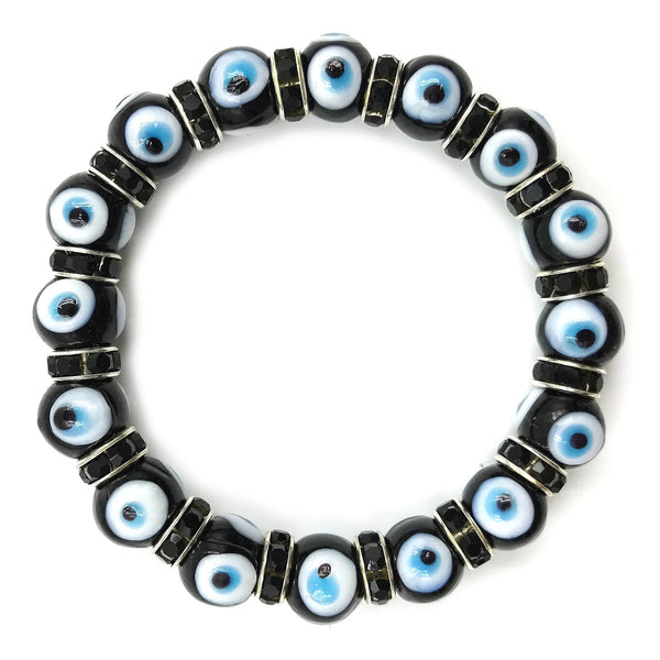 Stretch Evil Eye Large Beaded Bracelet With Zirconium Crystals - Black - 1 Pc