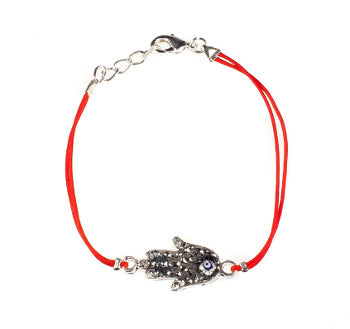 Evil Eye Hamsa Bracelet With Zirconium Crystals - Silver Plated With Red String - 1 Pc