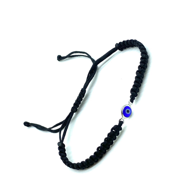 Adjustable Black Evil Eye Bracelet With Silver & Blue Pendant - 1 Pc