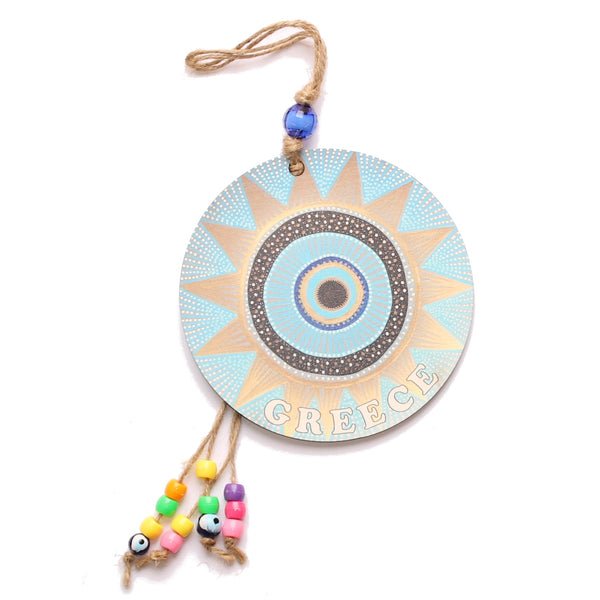 Hanging Evil Eye Charm With Beads and "Greece" - 5" - 1 pc