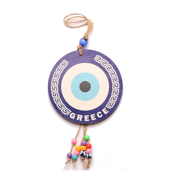 Hanging Evil Eye Charm With Greek Key and "Greece" - 5" - 1 pc