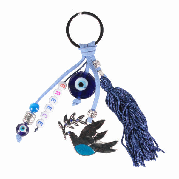 Lucky Eye Keychain With Greece Beads & Dove & Olive Branch - Greek Flag - Greece - 1 pc