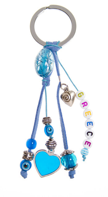 Lucky Eye Keychain With Beads Spelling "Greece" & Charms - Turquoise Heart & Heart Pendant - 1 pc