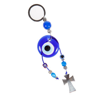 Large Lucky Eye Keychain With Metal Cross - Turquoise - 1 pc