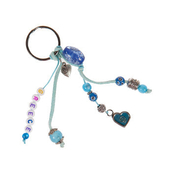 Lucky Eye Keychain With Beads Spelling "Greece" & Charms - Turquoise Heart - 1 pc